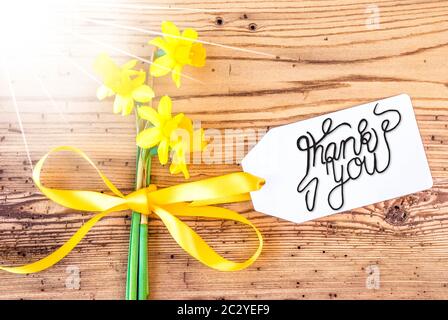 Etikett Mit Englischer Kalligraphie Danke. Sunny Yellow Spring Narcissus Blume Auf Rustikalen Holzhintergrund. Stockfoto