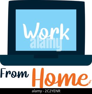 Arbeiten Sie von zu Hause aus mit Schriftzug Design Laptop-Computer-Symbol auf weißem Hintergrund, Vektor-Illustration Stock Vektor