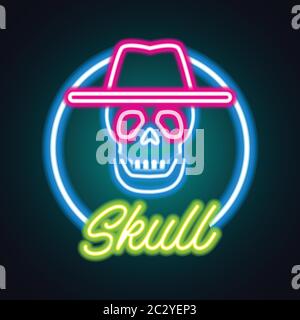 Totenkopf Logo mit Neon-Zeichen-Effekt. vektor-Illustration Stock Vektor