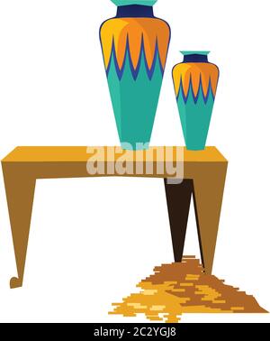 Alte Ägypten Vektor Cartoon-Set. Ägyptische Kultur Symbole Sammlung, Tisch mit Opfervase und Schatz, Goldmünzen, isoliert auf weißem Backgro Stock Vektor