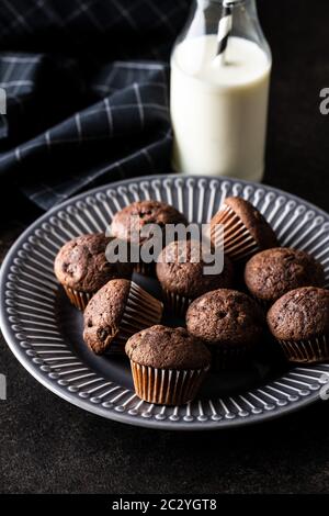 Schmackhafte Schokoladenmuffins. Süße Cupcakes auf dem Teller. Stockfoto