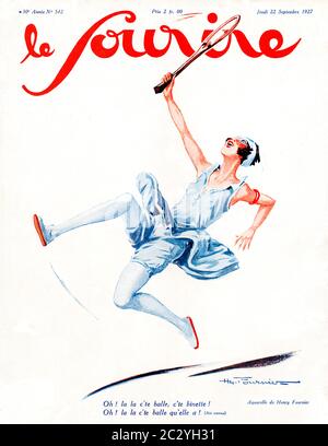 Tennis Oh La La, 1927 Illustration aus dem Cover der französischen Zeitschrift Le Sourire, eine Dame macht einen Overhead-Smash Stockfoto