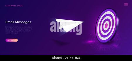 E-Mail-Nachrichtendienst, isometrische Konzept Vektor-Illustration. Fliegende Papier Flugzeug und Dartscheibe, Informationen trifft Ziel, ultraviolette Webseite für emai Stock Vektor