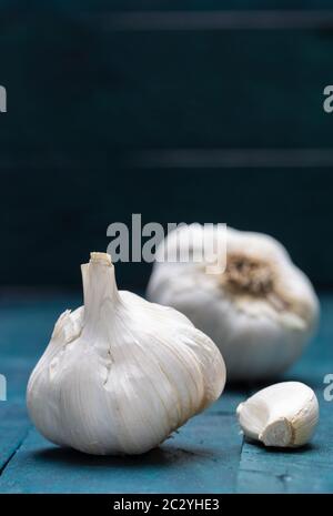 Weißer Knoblauch auf petrolfarbenem Holzhintergrund. Stockfoto