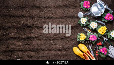 Gartenwerkzeuge Und Blumentöpfe Bereit, Im Garten Gepflanzt Zu Werden Stockfoto