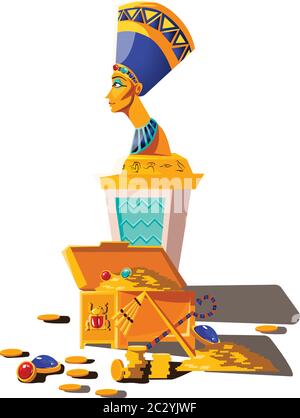 Alte Ägypten Vektor Cartoon-Set. Ägyptische Kultur Symbole Sammlung, Statue von Nofretete mit Hieroglyphen und Schatztruhe mit Goldmünzen und Edelstein Stock Vektor