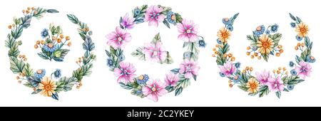 Kränze und Sträuße von Wildblumen. Hand gezeichnet Aquarell. Ideal zum Bedrucken von Karten und Einladungen. Stockfoto