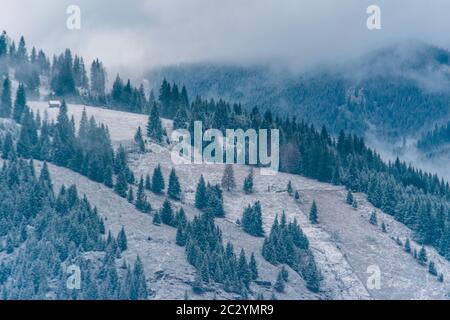 Eine fantastische Winterlandschaft von Ortoaia, Dorna Arini, Kreis Suceava, Rumänien Stockfoto