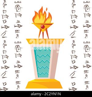 Antike Altar oder Tisch für religiöse Opfer mit brennendem Opferfeuer und ägyptischen Hieroglyphen, Cartoon-Vektor-Illustration, grafische Benutzer inte Stock Vektor