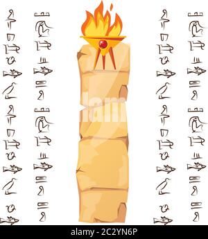 Alte Altar oder Tisch für religiöse Opfer mit brennendem Opferfeuer und ägyptischen Hieroglyphen Cartoon Vektor Illustration. Antike Kultur sy Stock Vektor