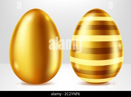 Golden Eggs realistische Vektor-Set-Illustration. Leuchtende Ostereier aus Gold Metall mit elegantem Muster verziert, festliches Geschenk mit Schatten und Reflec Stock Vektor
