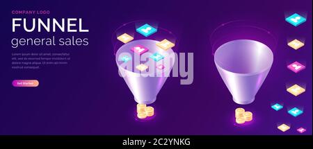 Verkaufstrichter, isometrische Konzeptvektordarstellung. Marketingtrichter mit Daten, die zur Analyse, Optimierung und Umsatzgenerierung in die IT gezogen werden, digital Stock Vektor