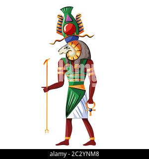 Alte Ägypten gott Quelle von Nil Khnum Cartoon-Vektor. Ägyptische Kultur Religiöses Symbol, Schöpfer gott mit menschlichen Figur und Widder Kopf mit Spiral-Twist Stock Vektor