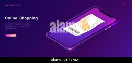 Online-Shopping, isometrische Konzept Vektor-Illustration. Smartphone-Bildschirm mit Papier-Check und goldenen Münzen isoliert auf ultraviolettem Hintergrund, landin Stock Vektor