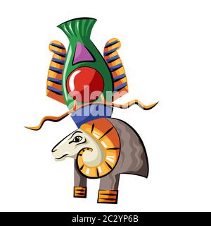 Altes Ägypten Kopf Gottes Quelle von Nil Khnum Cartoon-Vektor. Ägyptische Kultur Religiöses Symbol, RAM Kopf Schöpfer gott mit Spiral-verdrehten Hörnern iso Stock Vektor