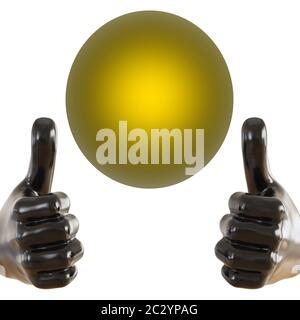 Schwarze Figur einer Hand mit einem hervorstehenden Daumen nach oben und glühender gelber Kugel auf einem isolierten Hintergrund. 3d-Rendering Stockfoto