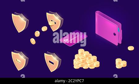 Symbole für Geldtransfers – isometrisches Konzept – Vektordarstellung. Goldenes Schild und Goldmünzen fliegen aus seiner, Brieftasche und Kreditkarte isoliert auf Ultravi Stock Vektor