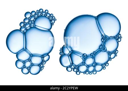 Closeup Schuß von Schaum Luftblasen von Seife oder Shampoo waschen, auf weißem Hintergrund. Stockfoto