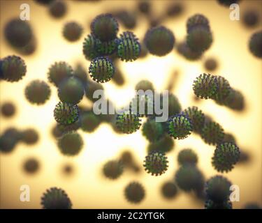 COVID-19 Coronavirus, Gruppe von Viren, die Krankheiten bei Säugetieren und Vögeln verursachen. Beim Menschen verursacht das Virus Atemwegsinfektionen. 3D-Darstellung. Stockfoto