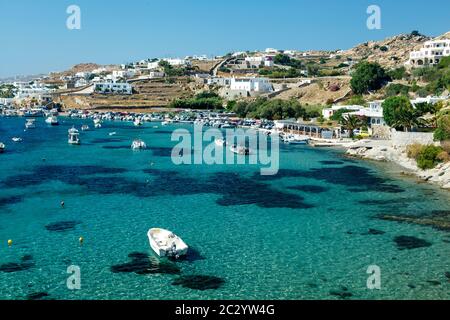 Ornos Bucht, Mykonos Insel, Panoramablick. Stockfoto