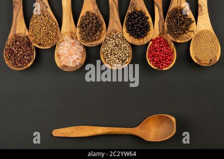Gewürz und Essen - Neun Kochlöffel aus olivem Holz in einer Reihe mit Gewürz- und Pfeffersorten auf schwarzem Hintergrund mit Kopierraum Stockfoto