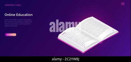 Online-Bibliothek oder Bildung isometrische Konzept Vektor Illustration. Buch mit offenen Seiten auf violettem Hintergrund, Landing-Website-Seite für pädagogische, l Stock Vektor