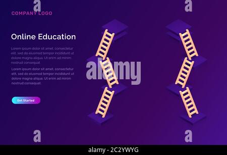 Online-Bildung, Erfolg Leiter isometrische Konzept Vektor Illustration. Mehrstufige Basen und Holztreppen auf violettem Hintergrund, Landung Website-Seite Stock Vektor