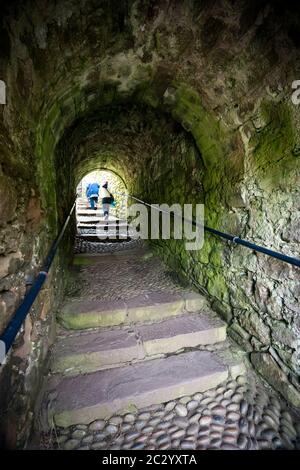 Zwei Personen steigen die Treppe hinauf, die durch eine gewölbte Passage aus Kopfsteinpflaster führt, im Schloss Dunnottar, Stonehaven, Schottland, Großbritannien, Europa Stockfoto