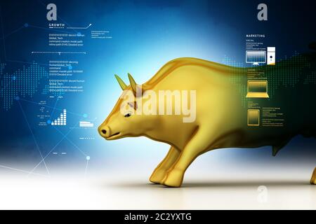 Steigenden goldenen Unternehmen Bull in farbigem Hintergrund Stockfoto