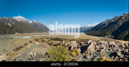 Blick über Hooker Valley, Aoraki, Mt Cook National Park, Twizel, Canterbury, Neuseeland Stockfoto