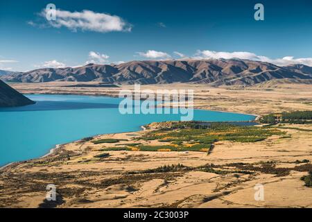 Blick über den türkisfarbenen Lake Ohau, Twizel, Canterbury, Neuseeland Stockfoto