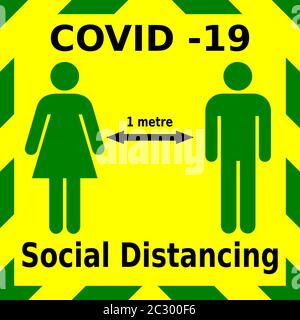 Grün-gelbe Vektorgrafik eines Mannes und einer Frau, die darauf warnt, einen Meter Abstand während der sozialen Distanzierung während des Corona-Virus-Ausbruchs zu halten. Stock Vektor