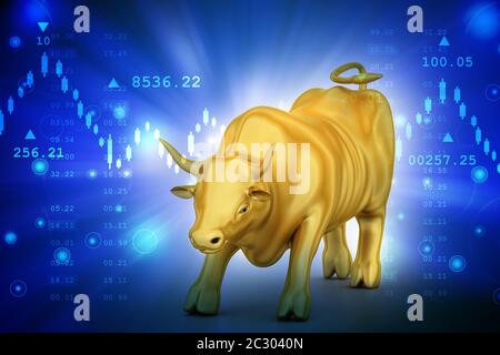 Steigenden goldenen Unternehmen Bull in farbigem Hintergrund Stockfoto