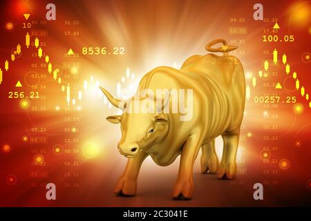 Steigenden goldenen Unternehmen Bull in farbigem Hintergrund Stockfoto