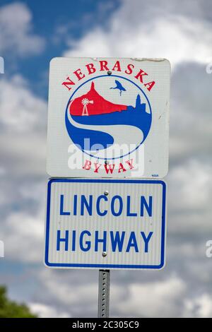 Verkehrszeichen Lincoln Highway, Nebraska Byway, Nebraska, USA Stockfoto