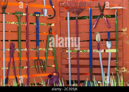 Verschiedene Gartengeräte hängen an Holzwand Shovels, Rechen, Schneide Scheren, Kanada Stockfoto