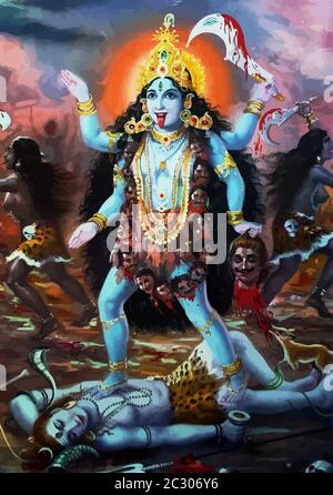 Kali-Todesgöttin indische hinduistische Illustration Zunge hängende Sonne Stockfoto