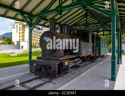 Schmalspurlokomotive, Dampflokomotive der Salzkammergut Lokalbahn, Bad Ischl, Salzkammergut, Oberösterreich, Österreich Stockfoto