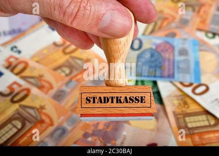 Symbolbild Stadt-Kasse, Stempel mit Aufschrift STADTKASSE, Deutschland Stockfoto