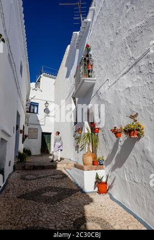 Malerische Gassen im weißen Bergdorf Frigiliana, Frigiliana, Provinz Malaga, Andalusien, Spanien Stockfoto