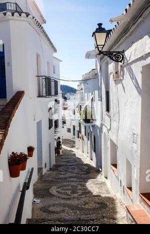 Malerische Gassen im weißen Bergdorf Frigiliana, Frigiliana, Provinz Malaga, Andalusien, Spanien Stockfoto