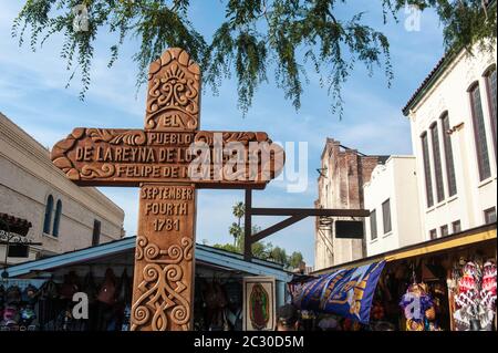 Historische Marke in Olvera St, El Pueblo de Los Angeles Historical Monument, Downtown Los Angeles, Los Angeles, Kalifornien, USA Stockfoto