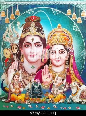 Gott Shiva Schlange und Dame Saraswati Pfau heiliger Elefant Ganasha hinduismus Illustration Stockfoto