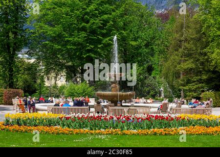 Alpen Solespringbrunnen im Kurpark Bad Reichenhall, Bad Reichenhall, Berchtesgadner Land, Oberbayern, Bayern, Deutschland Stockfoto