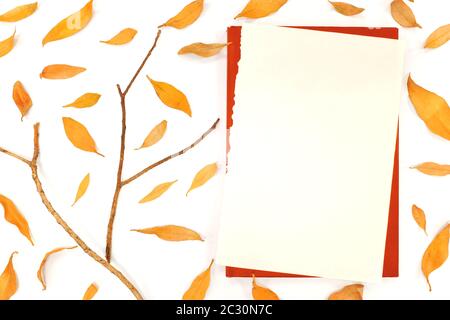 Leuchtend orange fallende Herbstblätter Papier Mockup in weißem Hintergrund. Stockfoto