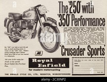 Vintage-Werbung für das britische Royal Enfield Crusader Sports 250cc Motorrad. Stockfoto