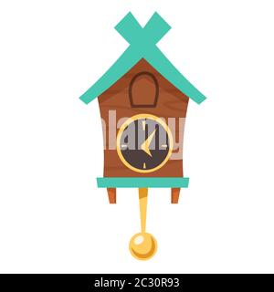 Alte Kuckucksuhr. Vektor-Cartoon-Illustration von hölzernen Großvater Wanduhr mit Gold Pendel und Kabine für Vogel isoliert auf weißem Hintergrund. Vin Stock Vektor