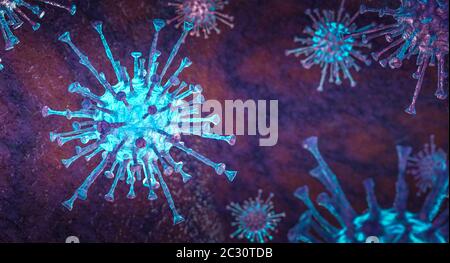 Coronavirus Konzept. Generisches Atemvirus, Infektions- und Vorbeugungskonzept, Gesundheit. 3D-Rendering. Stockfoto