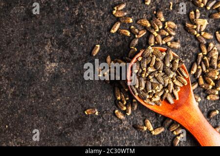 Milch Thistle Samen in Holzlöffel. Draufsicht. Stockfoto