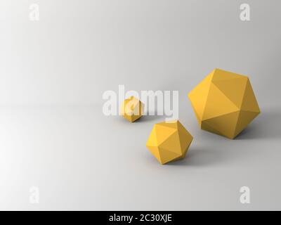 Abstrakte geometrische Installation, drei Icosaedronen mit weichem Schatten lagen auf weißem Hintergrund. 3d-Rendering-Illustration Stockfoto